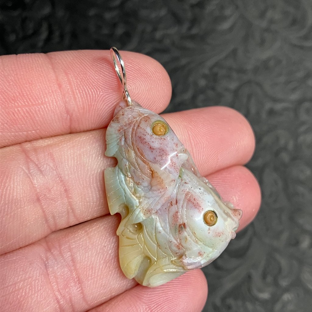 Marine Fish Ocean Jasper Carved Stone Crystal Jewelry Pendant